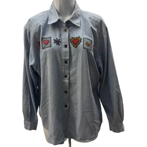 Vtg KORET CITY BLUES Petite Shirt Women XL Crochet Blue Denim Collared Button - Picture 2 of 4